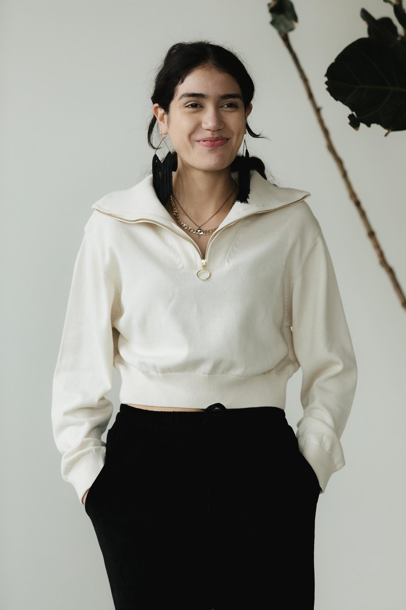 Zipper Sweater - Organic cotton pull over with high zip up neck - cropped sweater