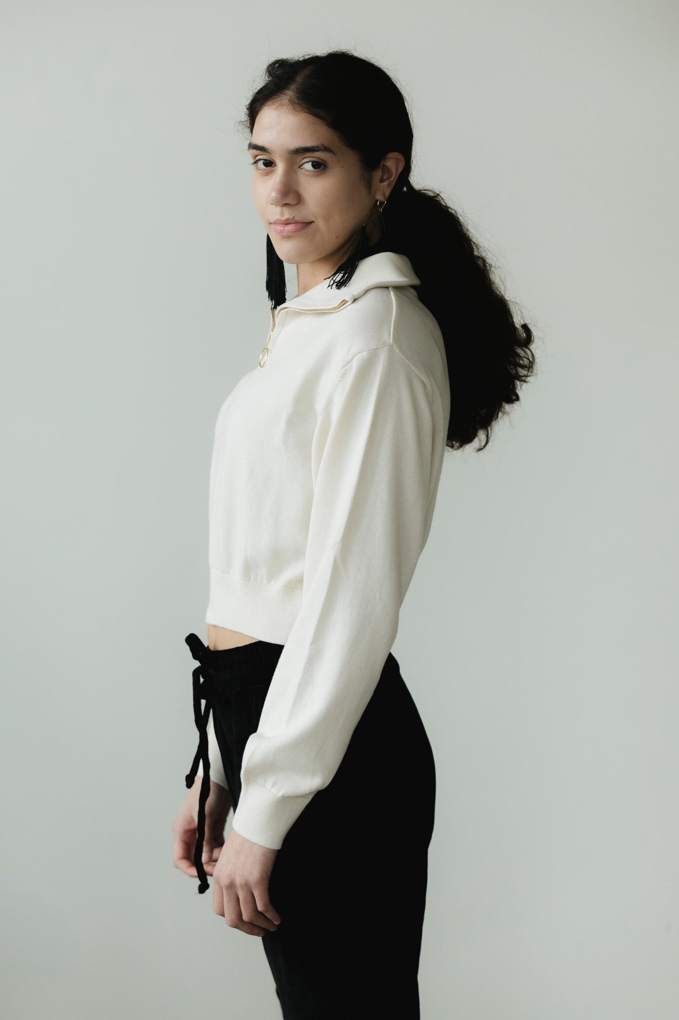 Zipper Sweater - Organic cotton pull over with high zip up neck - cropped sweater