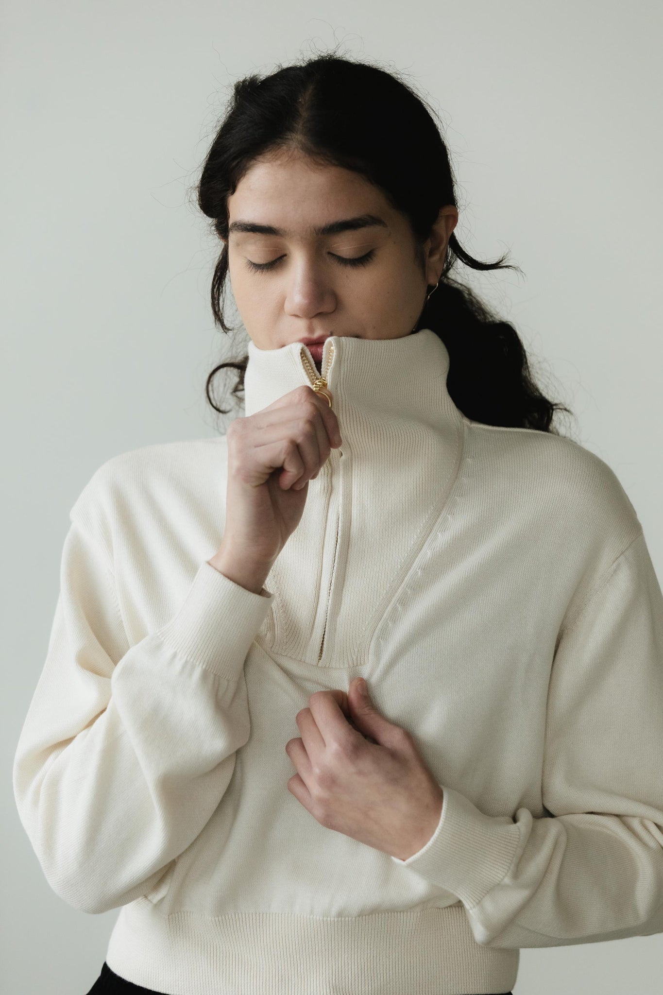 Zipper Sweater - Organic cotton pull over with high zip up neck - cropped sweater