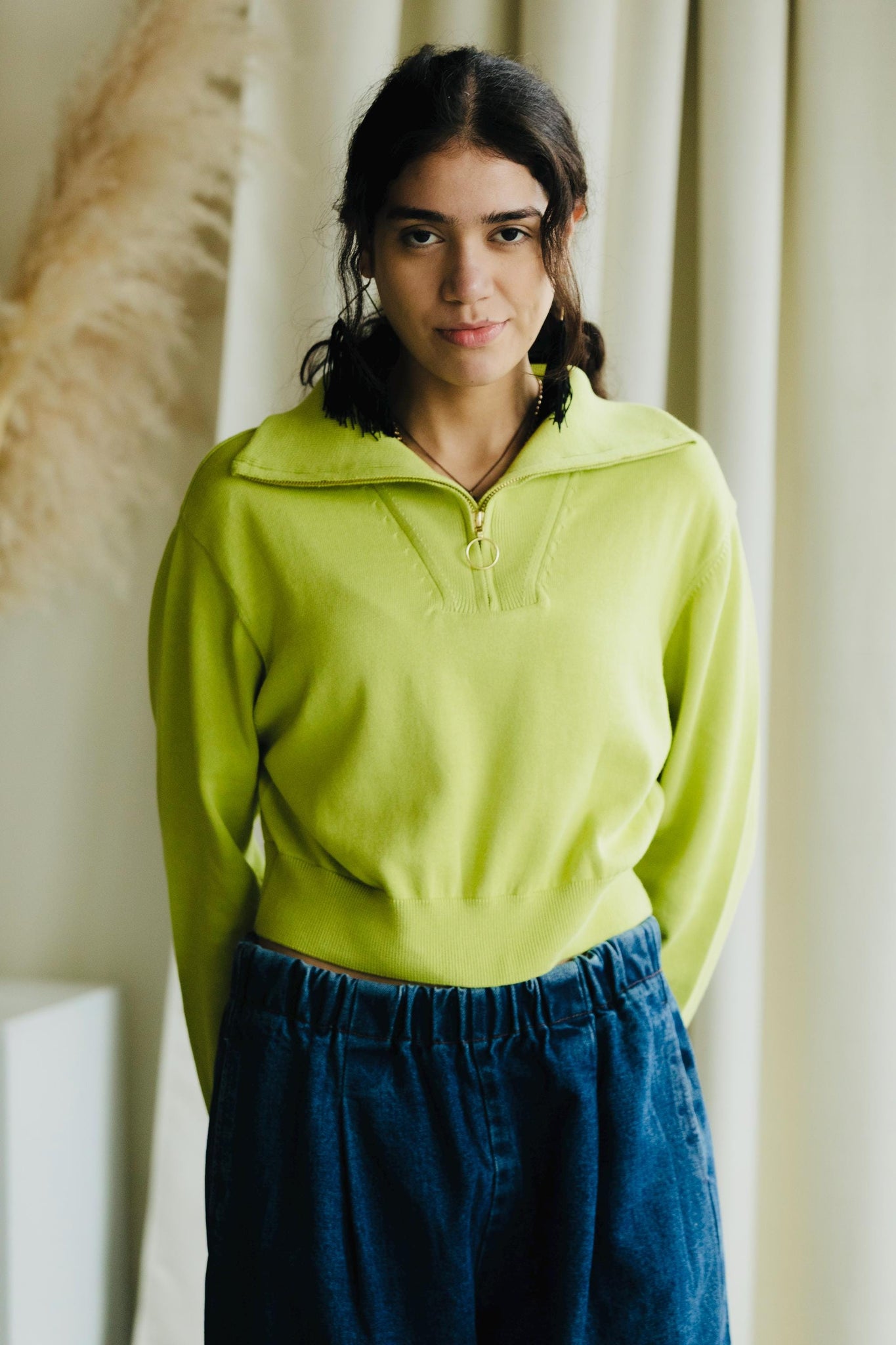 Zipper Sweater - Organic cotton pull over with high zip up neck - cropped sweater