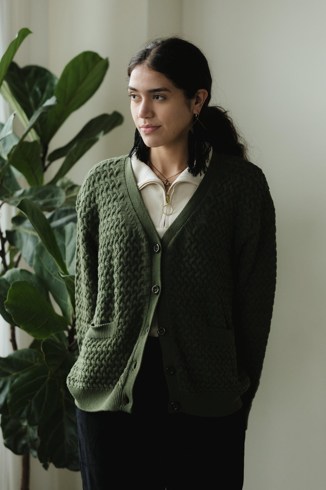 Basketweave Button Down Sweater - one hundred percent organic cotton thick cardigan - pockets