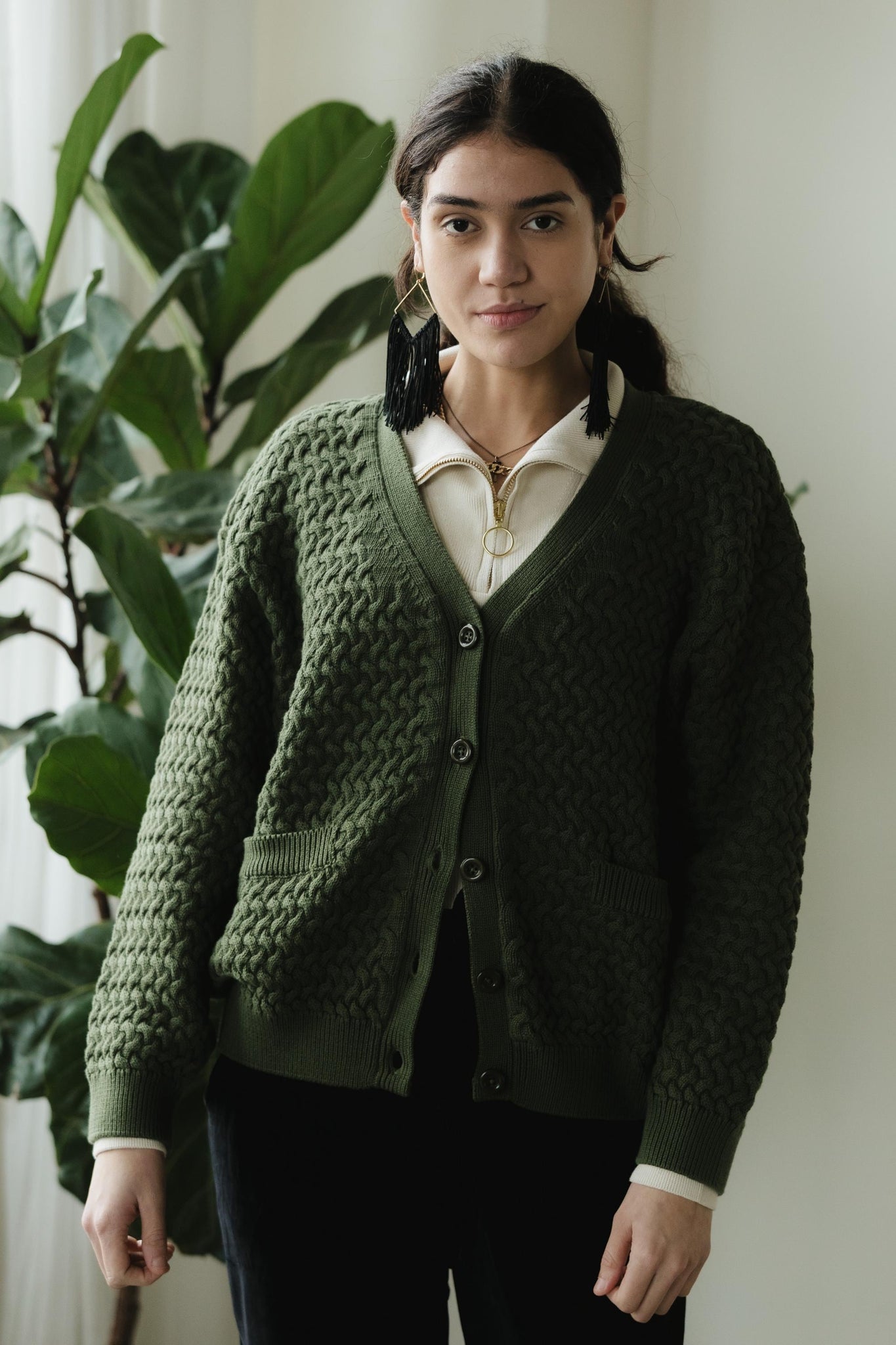 Basketweave Button Down Sweater - one hundred percent organic cotton thick cardigan - pockets