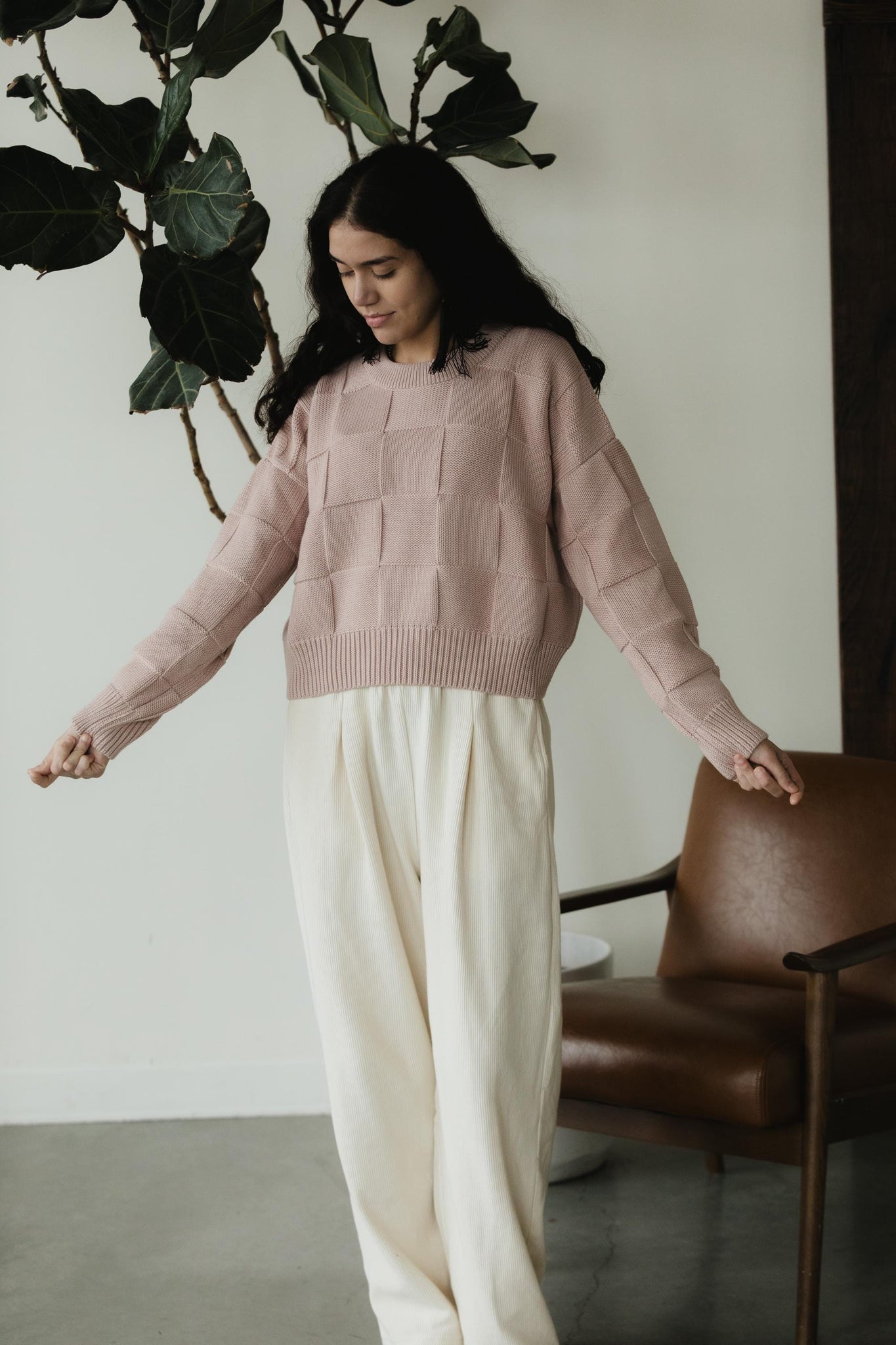 Checkerboard Sweater- 100% organic cotton sweater - natural fiber thick breathable sweater with checkerboard pattern