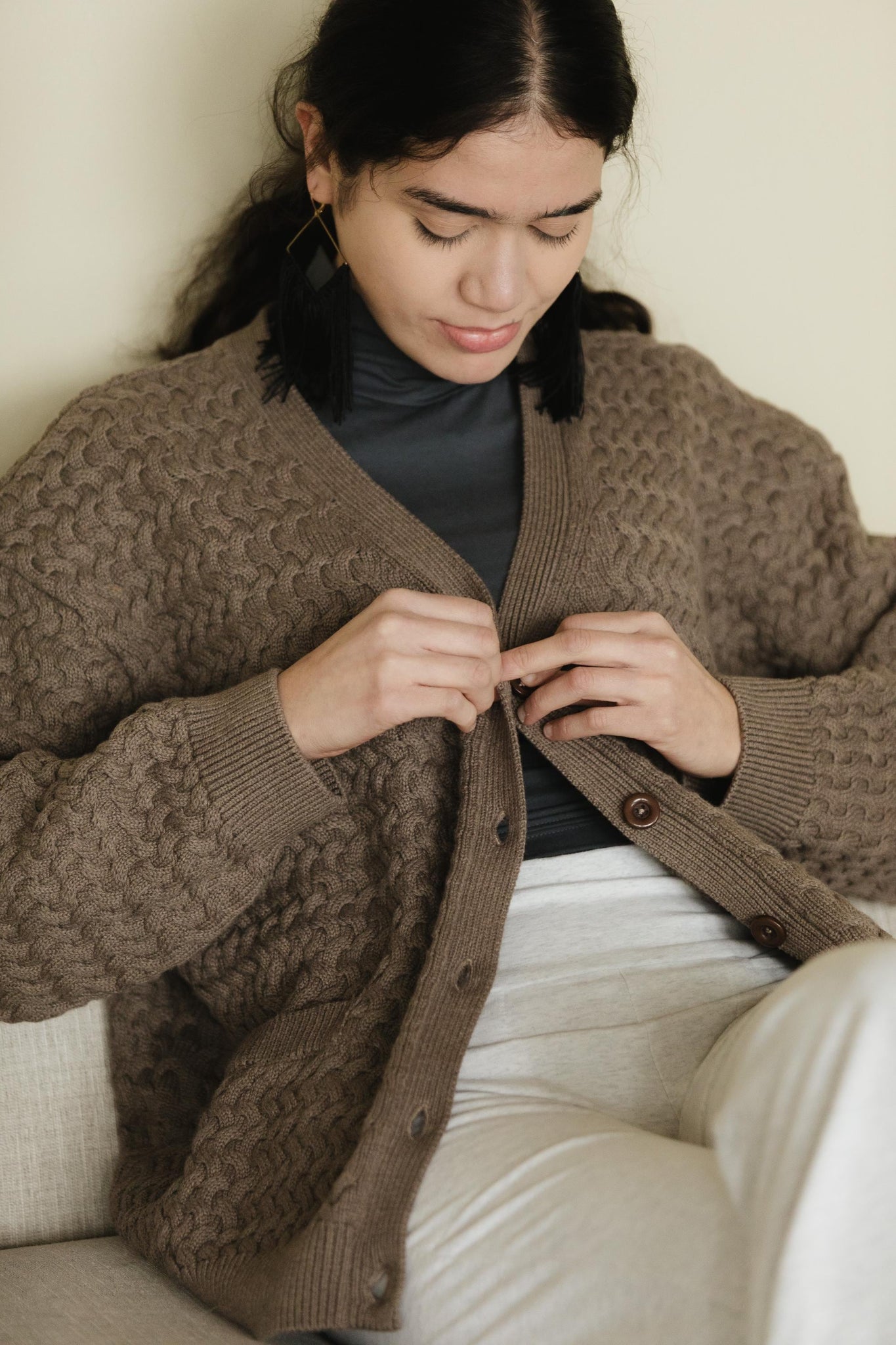 Basketweave Button Down Sweater - one hundred percent organic cotton thick cardigan - pockets
