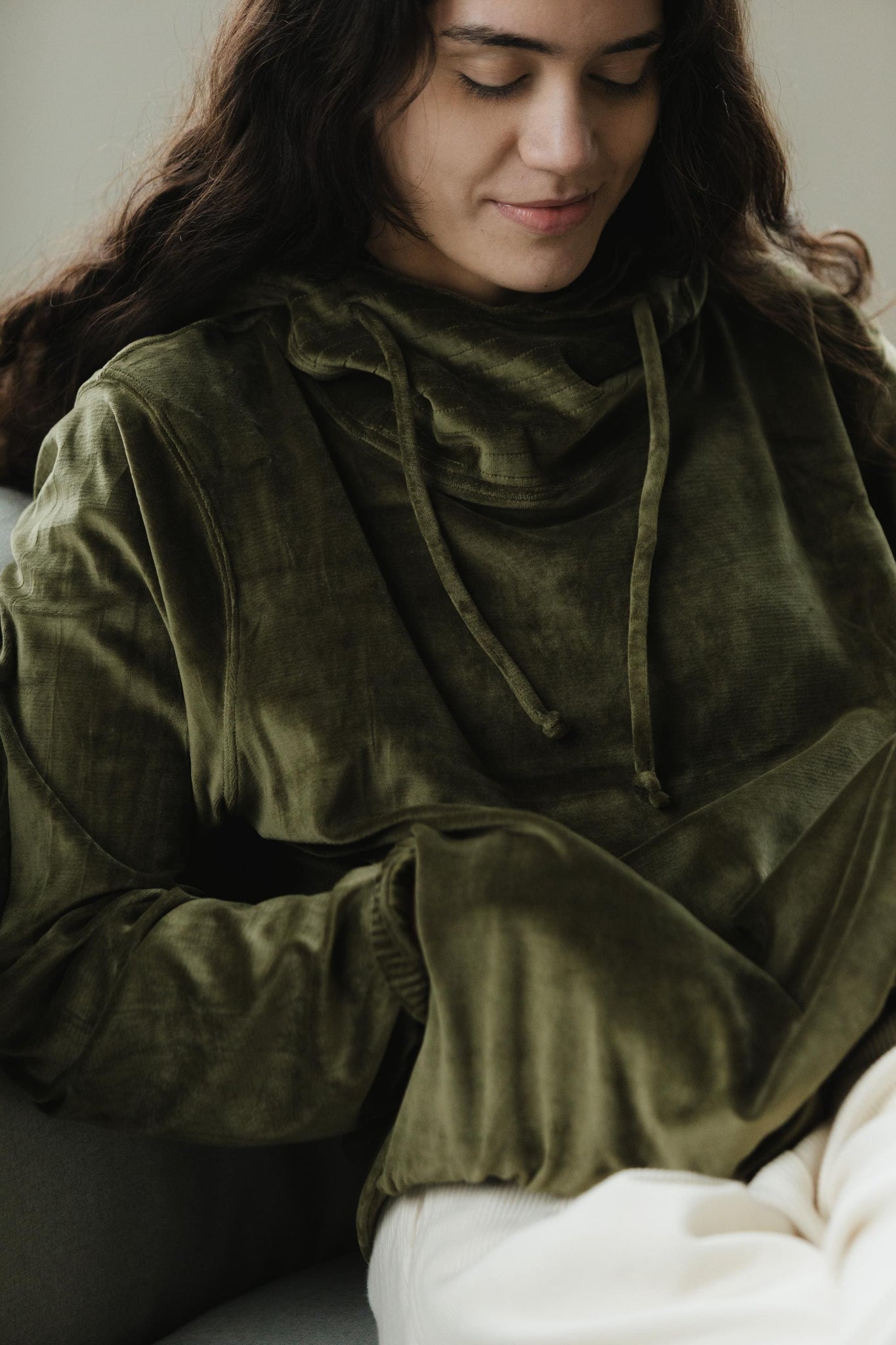 Velvet Hoodie - hooded sweatshirt with high neck made from our organic cotton velvet blend