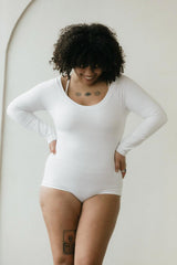Sundara Bodysuit - Full Sleeve Organic Cotton Bodysuit with deep scoop neckline- soft, natural fiber elegant bodysuit with full sleeves