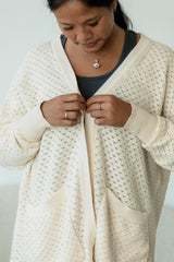 Delightful Duster (Midi) - organic cotton kimono style open sweater with lace knit