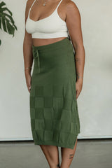Scachhi Skirt - organic cotton checkerboard sweater knit below the knee skirt with a drawstring waist