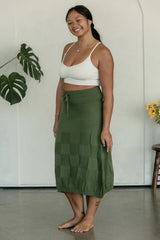 Scachhi Skirt - organic cotton checkerboard sweater knit below the knee skirt with a drawstring waist